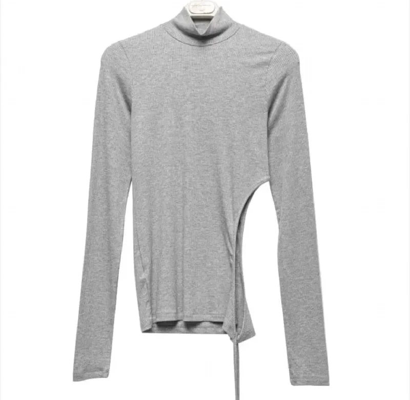 Layered Knit TopsWomen's Ribbed Tie Cut Out Turtle Neck Top In Gray