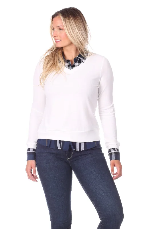 Velvet Knit TopsSloane Top in White with Navy Plaid