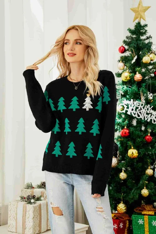 Formal Knit TopsChristmas Tree Round Neck Ribbed Trim Sweater