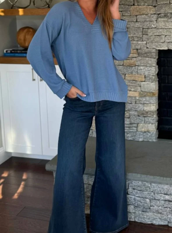 Bamboo Knit TopsWide V Neck Sweater In Icy Blue