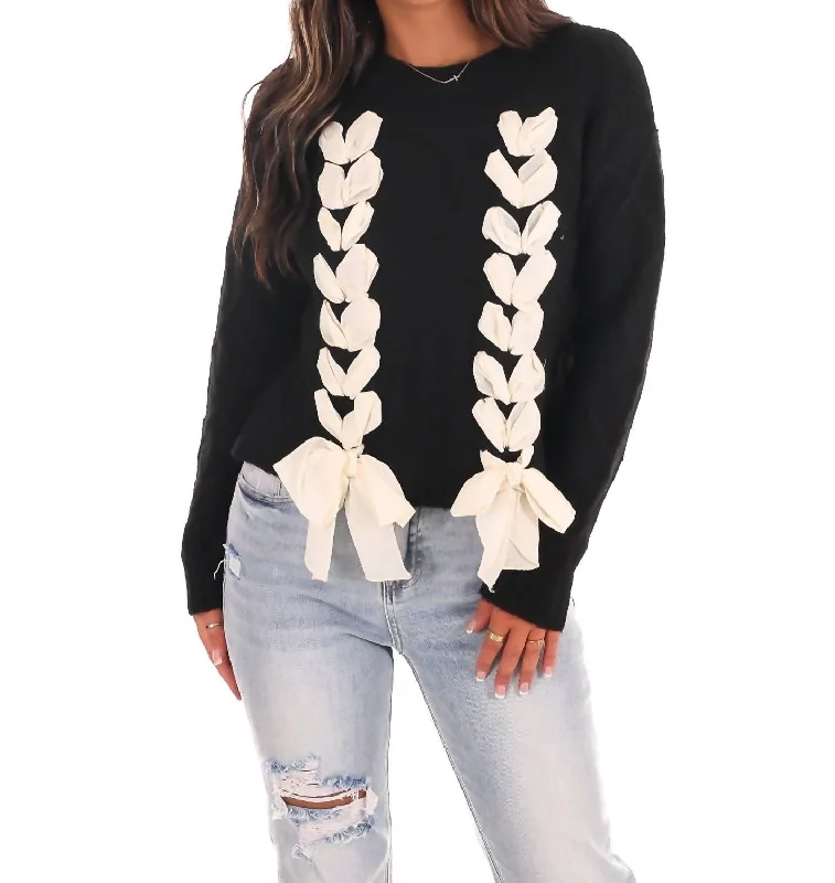 French Terry Knit TopsCharming Bow Sweater In Black