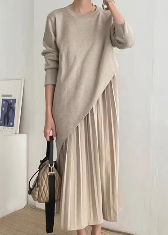 Metallic Knit TopsBeautiful Khaki Asymmetrical Wrinkled Knit Dress Two Piece Set Spring