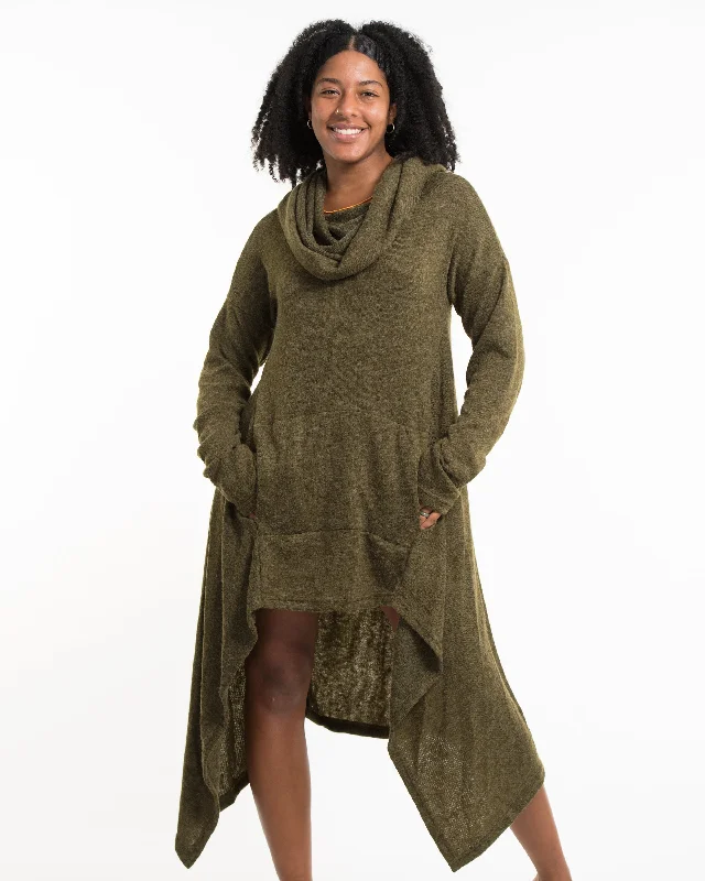 Thermal Knit TopsUltra Long Hooded Sweater in Green