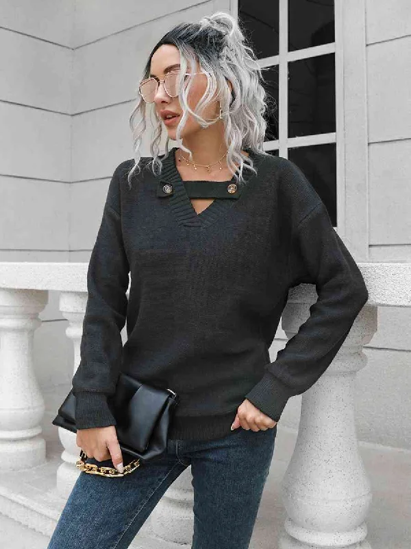 Asymmetrical Knit TopsDropped Shoulder Button Detail Sweater