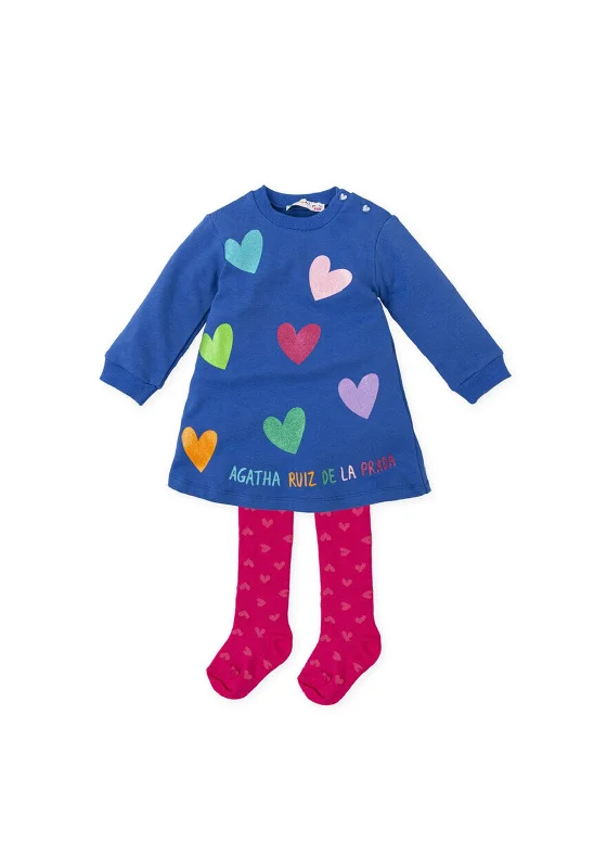 Agatha Ruiz De La Prada Girl Glitter Hearts Dress and Tights, Blue