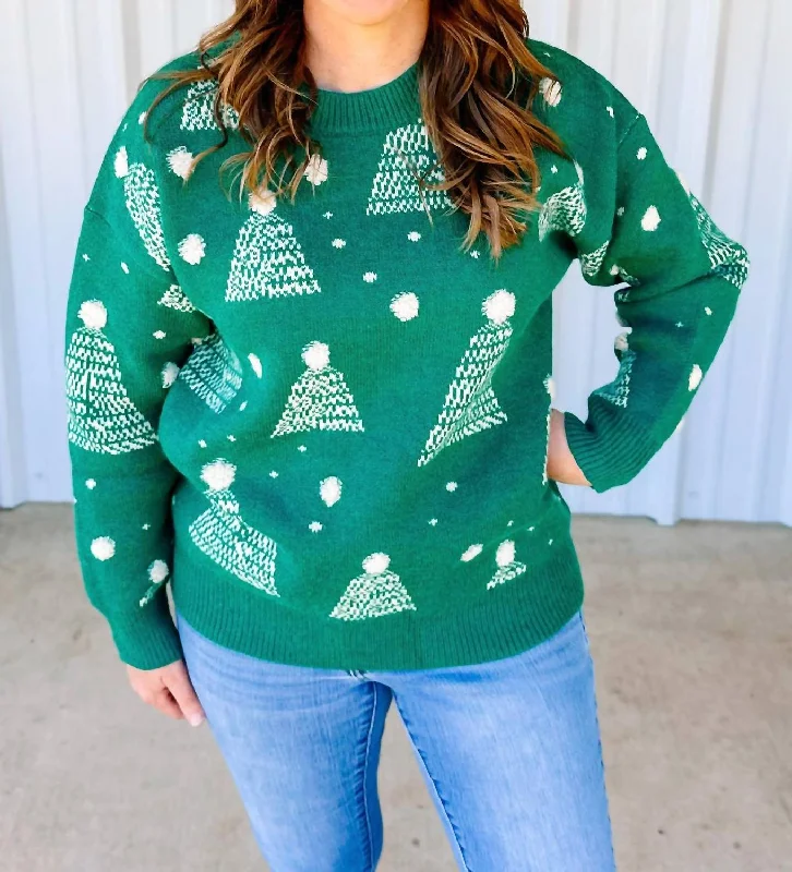 Pocketed Knit TopsChristmas Tree Sweater In Green