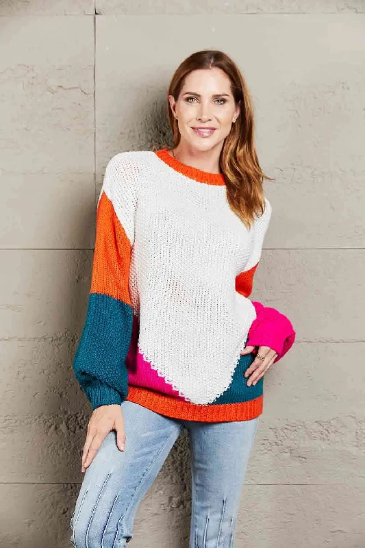 Button-Up Knit TopsDouble Take Color Block Round Neck Drop Shoulder Sweater