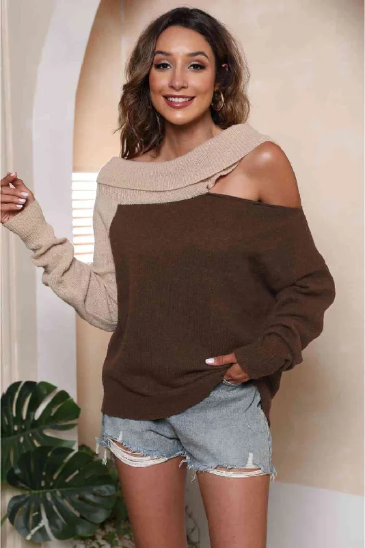 Retro Knit TopsAsymmetrical Long Sleeve Two-Tone Cutout Sweater