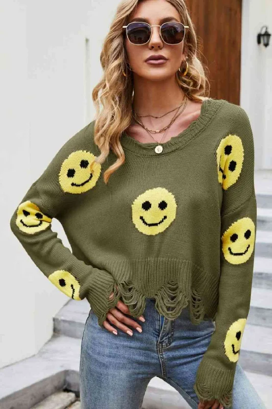 Glitter Knit TopsSmiley Face Distressed Round Neck Sweater