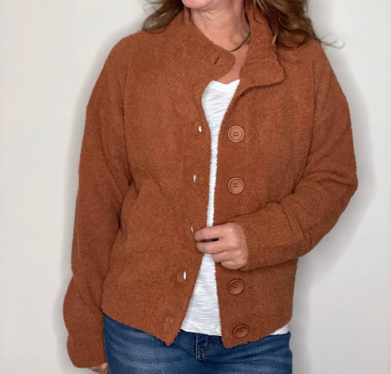 Travel Knit TopsPlush Button Jacket In Terracotta