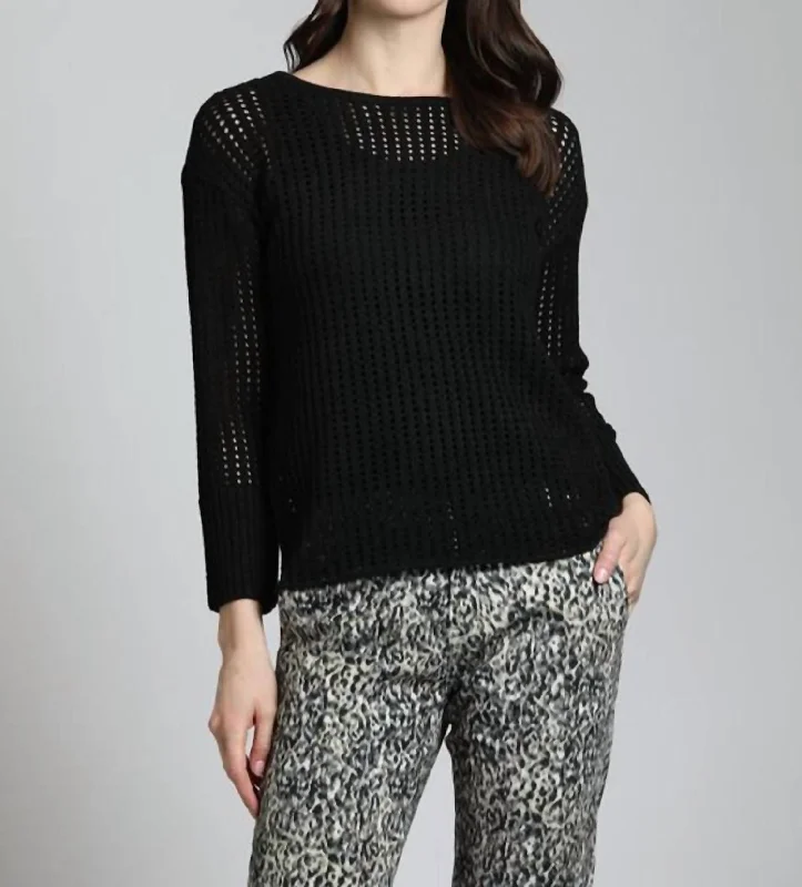 French Terry Knit TopsOpen Knit Pullover Sweater In Black