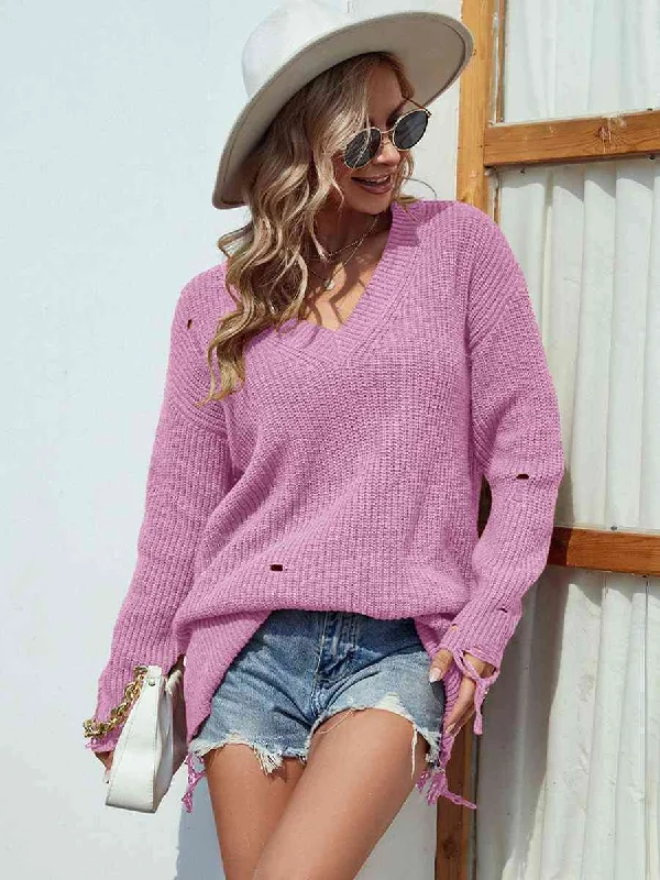 Studded Knit TopsDistressed V-Neck Drop Shoulder Sweater