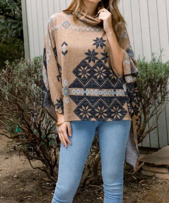 Polyester Knit TopsMontana Cowl Neck Poncho In Camel