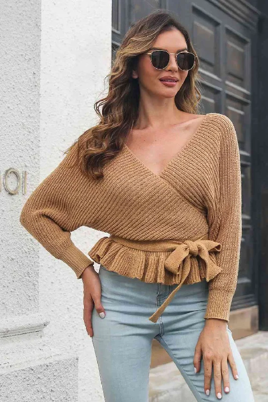 Mohair Knit TopsTie Waist Ruffle Hem Sweater