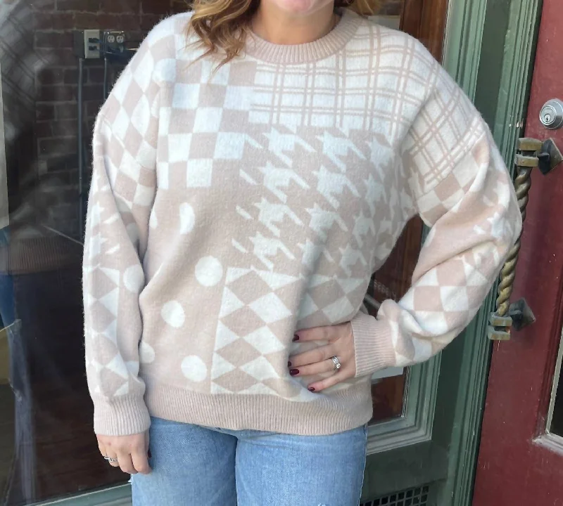 Hiking Knit TopsMixed Checkered Sweater In Taupe