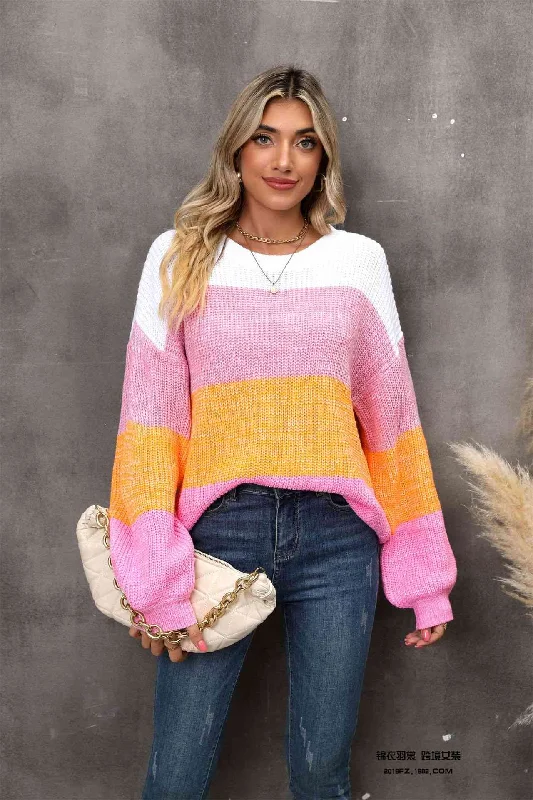 Oversized Knit TopsColor Block Round Neck Dropped Shoulder Sweater