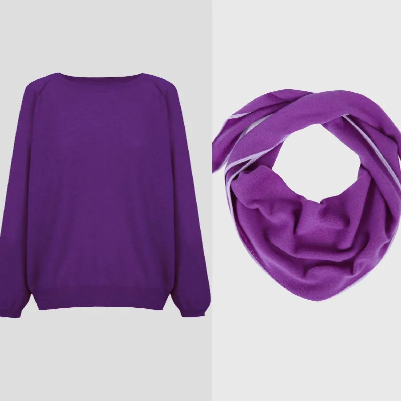 Layered Knit TopsCrew Neck Sweatshirt & Diamond Scarf In Purple Lilac