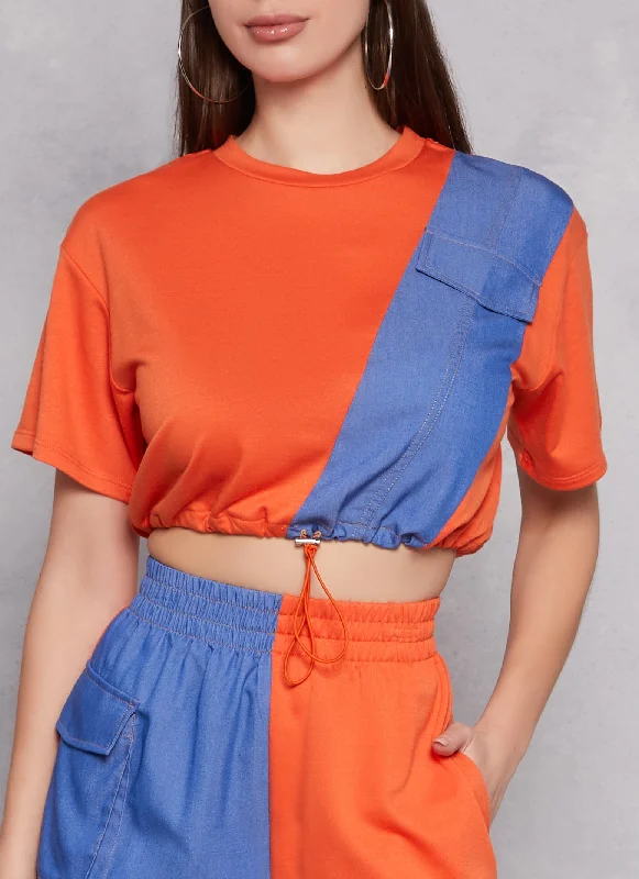 Chambray Color Block Drawstring Hem Top