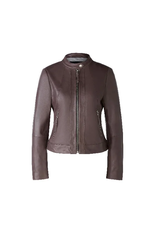 Oui Brown Leather Biker Style JacketButton-Up Jackets