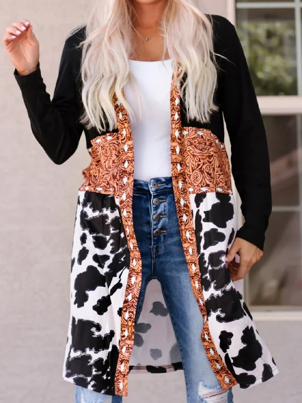 Women's Outwear Loose Cow Pattern Print Patchwork Open Front JacketBand Merch Jackets